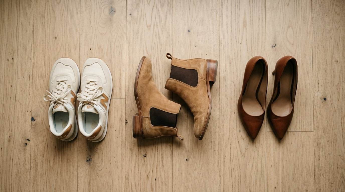 White sneakers, brown ankle boots, and brown high heels on wooden floor.