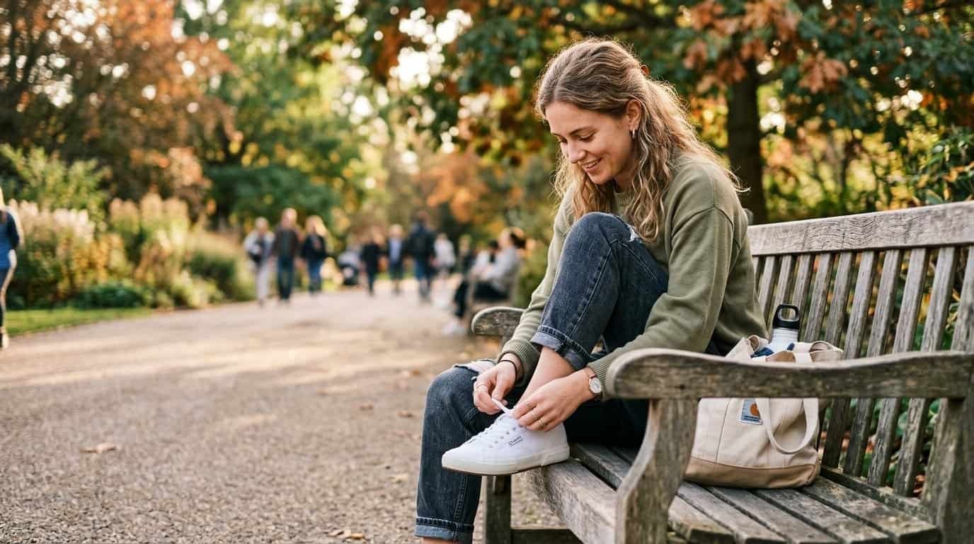 Young woman tying her shoelace on a park bench in autumn.