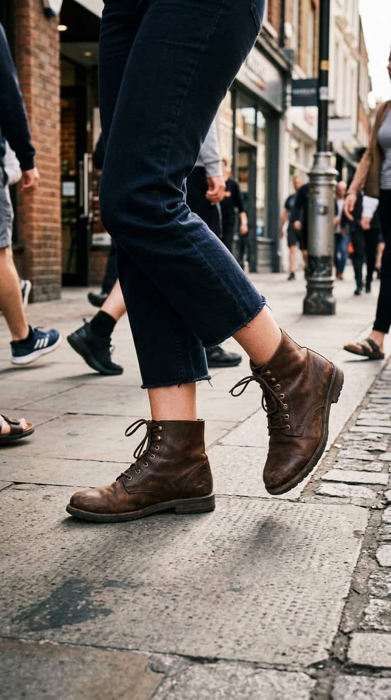 Close-up of brown leather ankle boots on a city street.