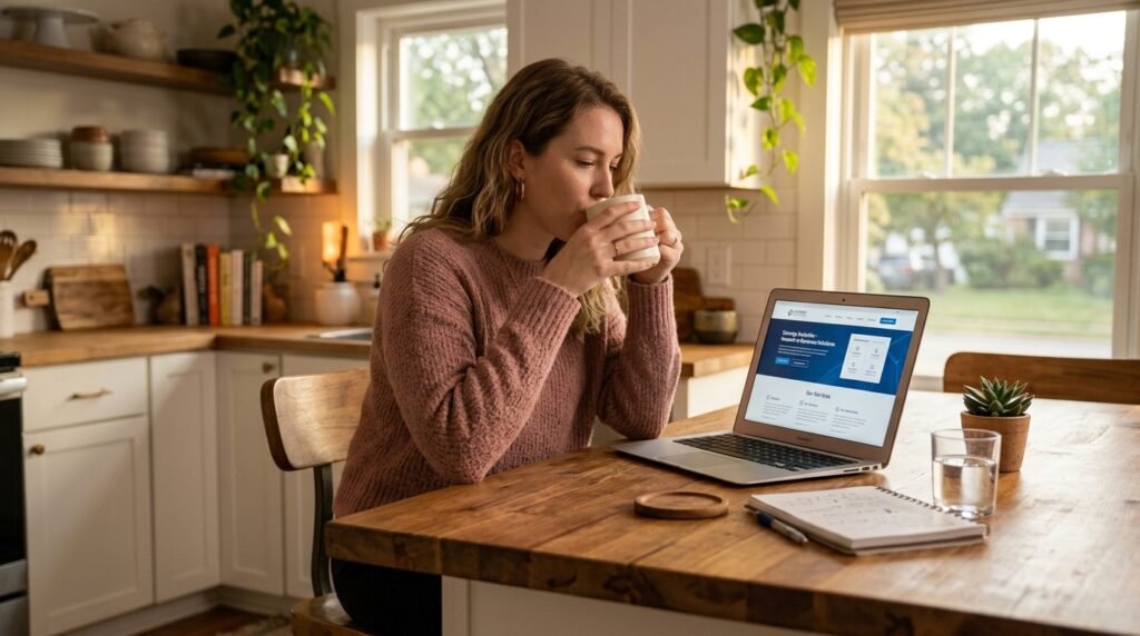 A woman drinking coffee at a kitchen island while looking at a company website on her laptop to research the dress code.