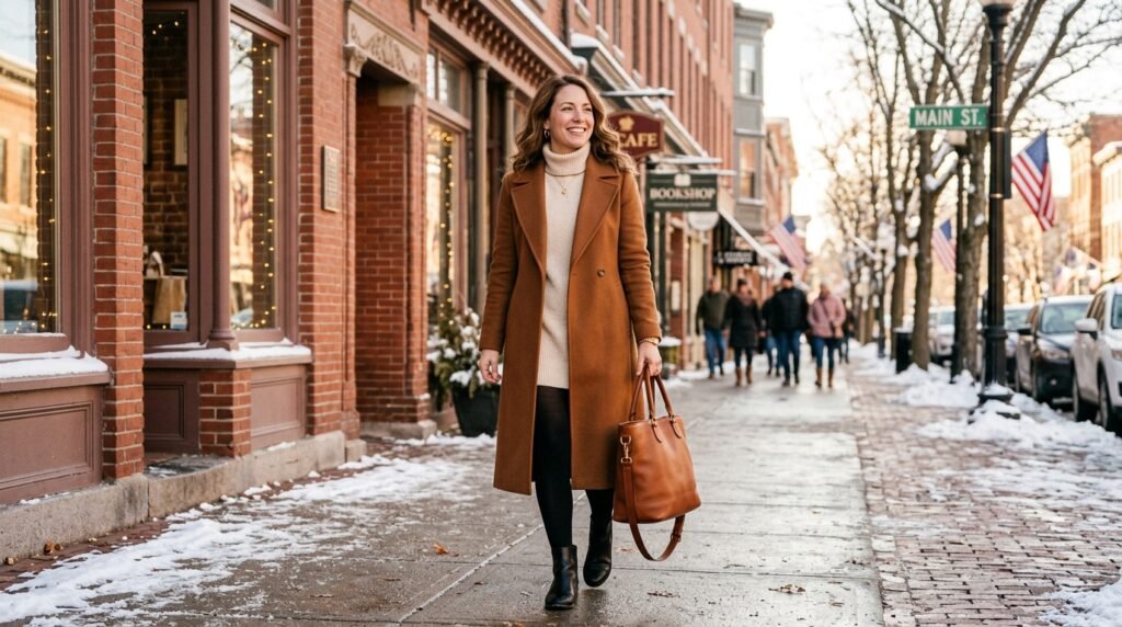 A woman walking outdoors in winter wearing a long cognac wool coat, an ivory turtleneck, opaque black tights, and black ankle boots.