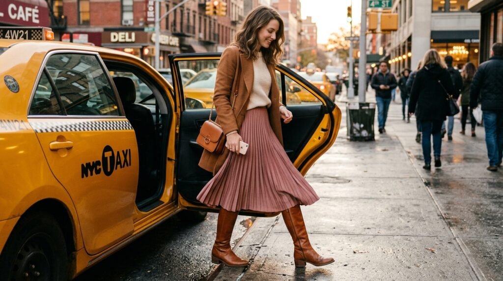 Close-up of a woman stepping out of a cab wearing a dusty rose pleated midi skirt and fitted cognac leather knee-high boots.
