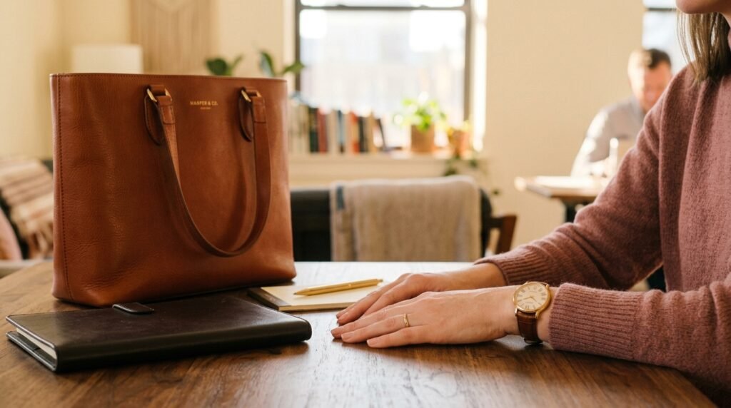 A structured cognac leather tote bag and a leather portfolio on an interview desk, with a woman's hands wearing a simple watch.