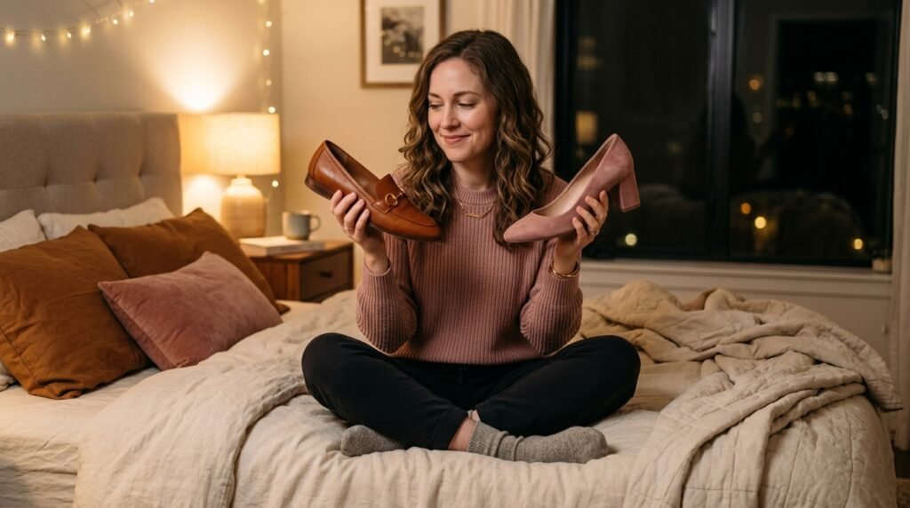 A woman sitting on her bed at night holding up a cognac loafer and a dusty rose pump while deciding what to wear.