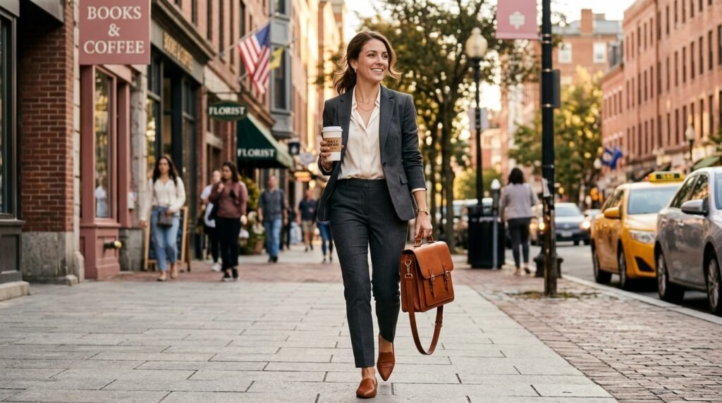 A professional woman walking on a city sidewalk wearing a charcoal grey suit, an ivory blouse, and carrying a cognac leather briefcase.