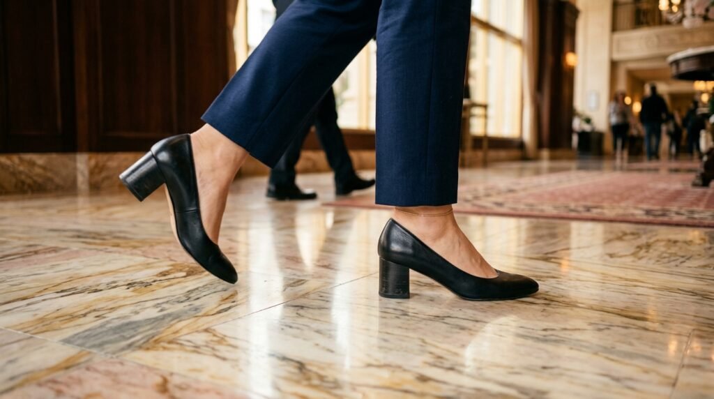 Close-up of a woman's feet walking on a marble floor wearing tailored navy pants and black leather block-heel pumps.