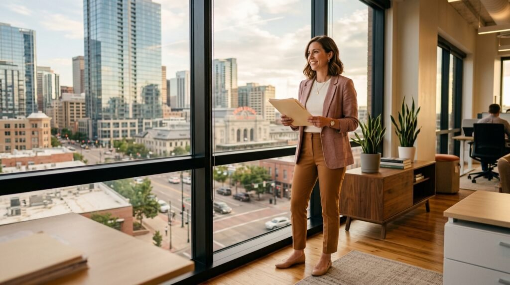 A woman standing by a window wearing a dusty rose blazer, ivory knit top, and camel ankle pants while holding a folder.