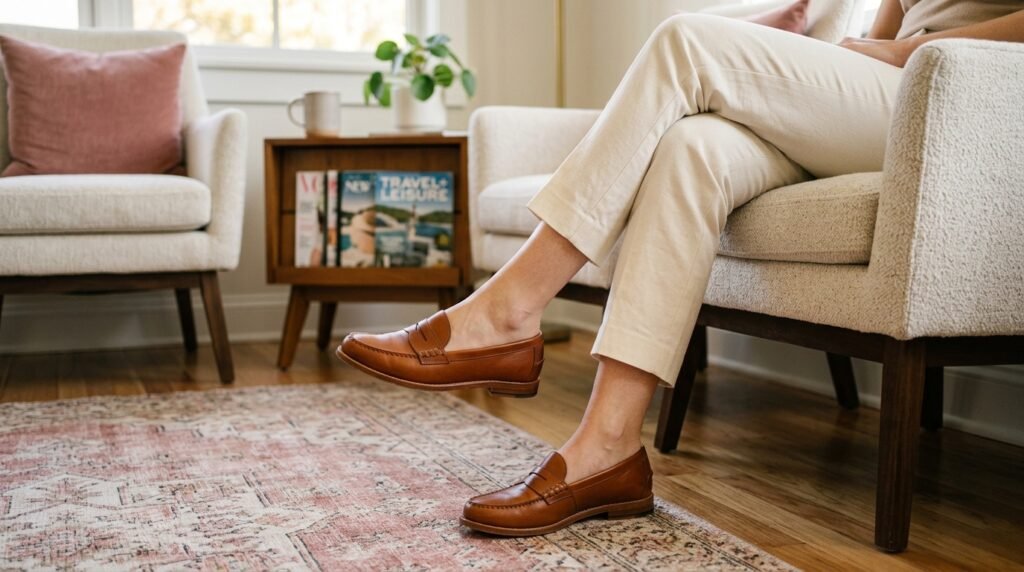 Close-up of a woman's feet crossed in a waiting area wearing warm ivory ankle pants and polished cognac leather penny loafers.