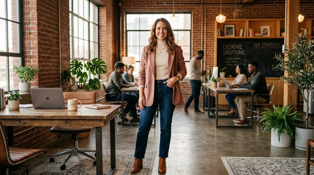 A woman in an open-concept office wearing dark denim jeans, an ivory turtleneck, and a structured dusty rose blazer.