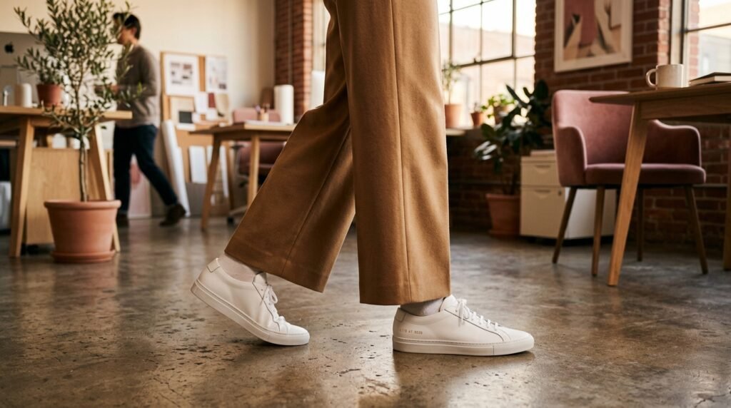 Close-up of a woman wearing wide-leg camel trousers and clean white minimalist leather sneakers on a concrete floor.