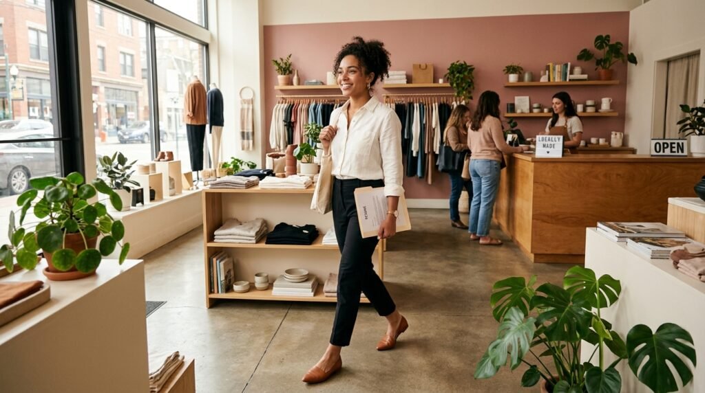 A woman walking in a modern boutique wearing an ivory button-down shirt, black chinos, and pointed-toe cognac leather flats.