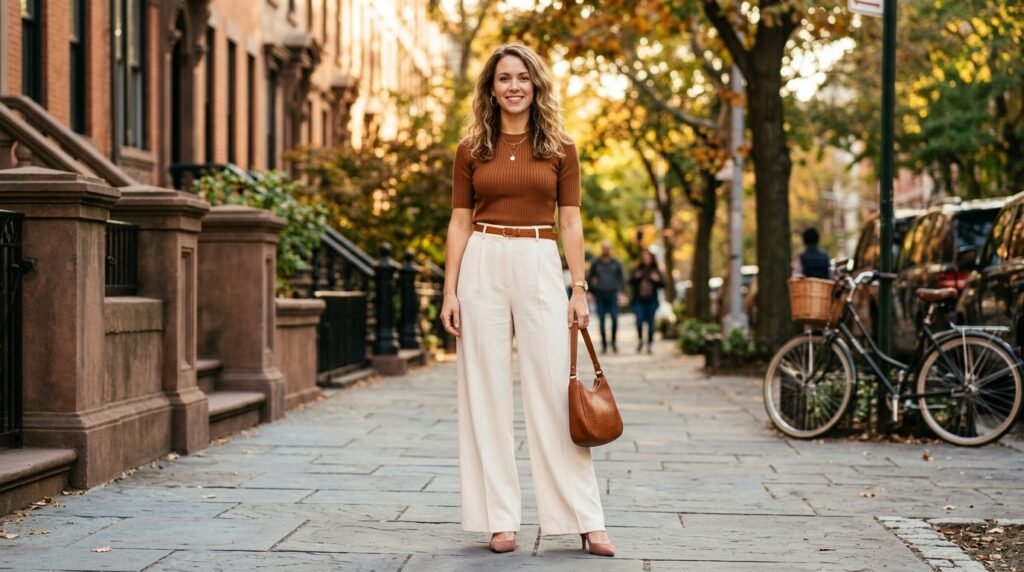 A woman standing confidently wearing high-waisted warm ivory wide-leg trousers, a fitted cognac top, and pointed-toe dusty rose heels.