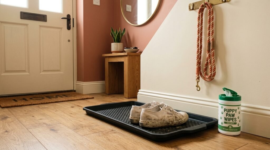 A rubber shoe tray holding dirty sneakers next to paw wipes in a neat apartment entryway