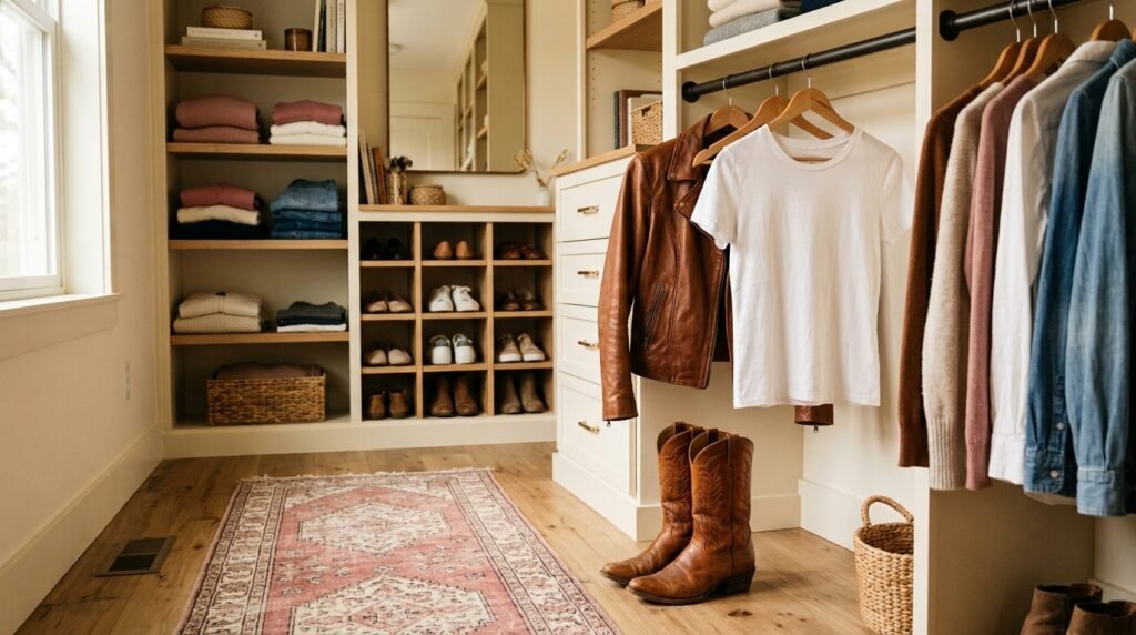 An organized closet showing cognac cowgirl boots on the floor below a hanging leather jacket and white t-shirt.