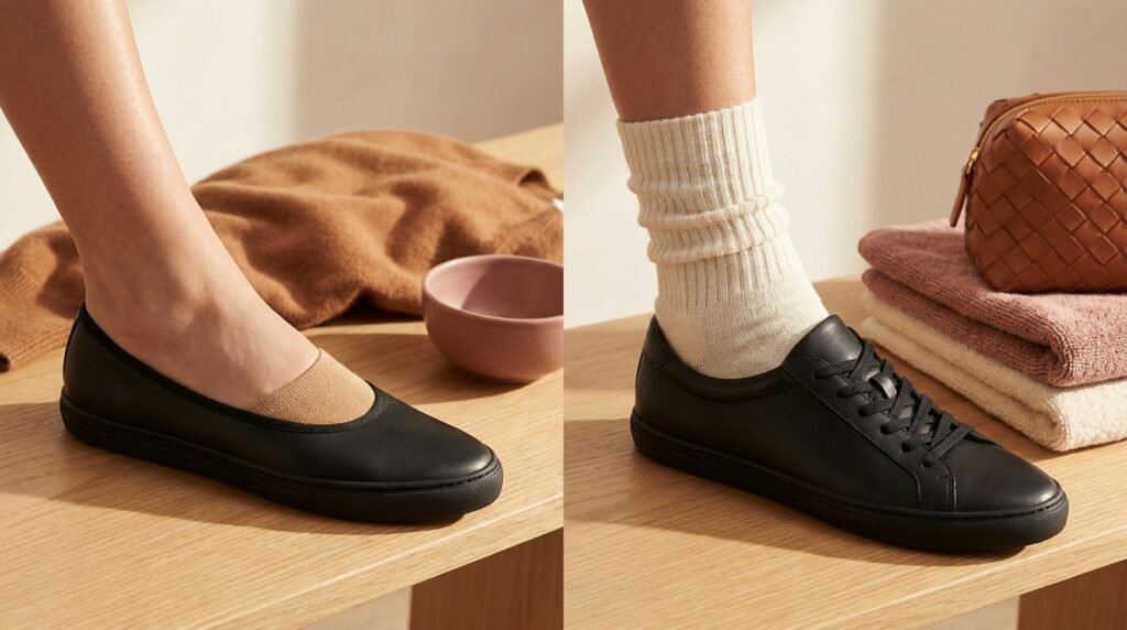 Detail shot showing the correct sock choice for a low-profile ballet sneaker.