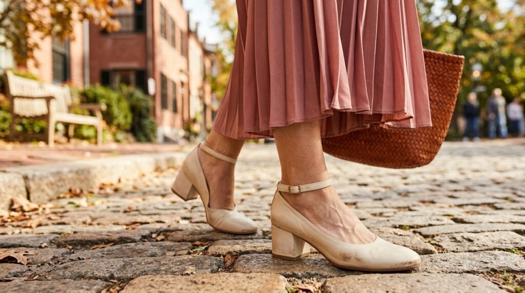 Soft warm ivory leather glove-pumps worn with a pleated midi dress.