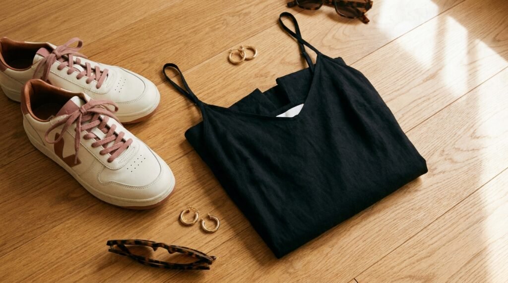 A flat-lay arrangement of a black slip dress, retro cream leather sneakers, and gold accessories on a wooden floor.