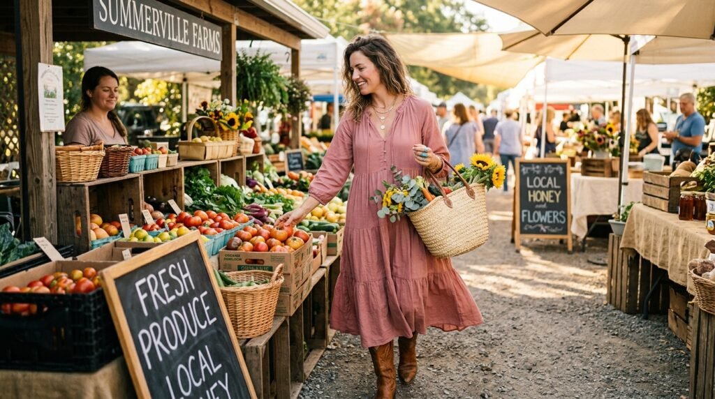 A woman at a farmers market wearing a dusty rose flowy maxi dress and cognac cowgirl boots.