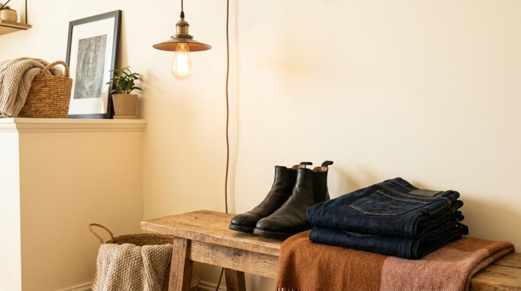 Black leather Chelsea boots and folded dark wash jeans resting on a wooden entryway bench in soft indoor lighting.