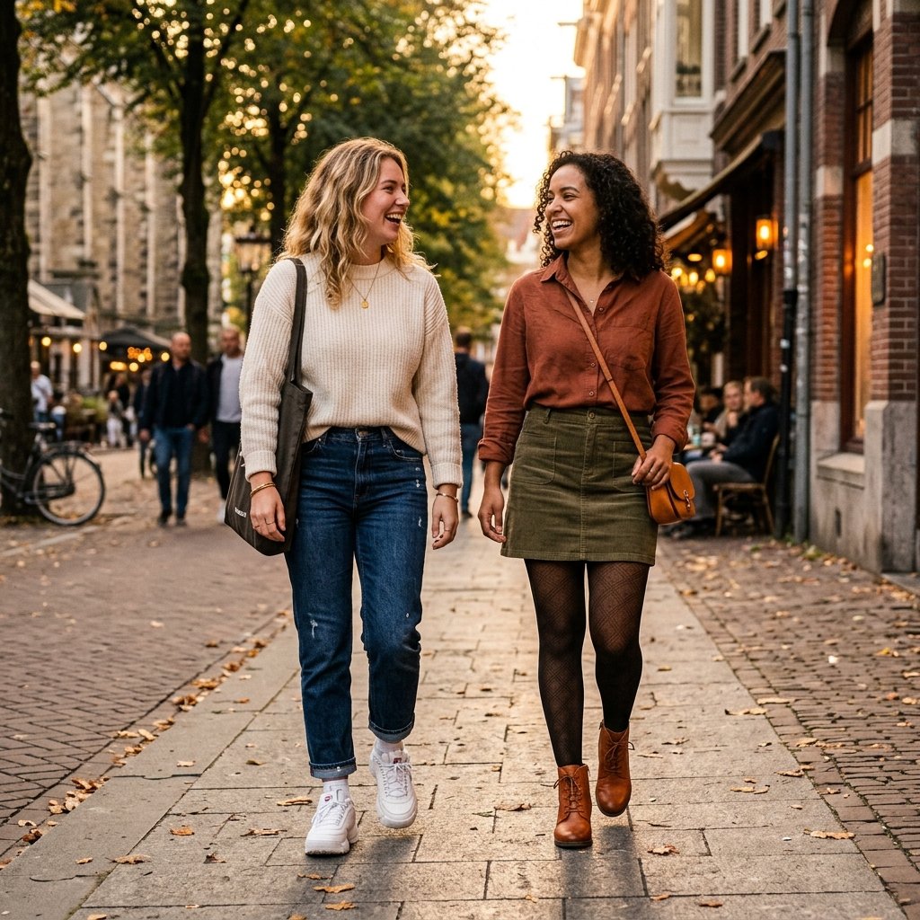 Two people standing next to each other, one wearing white sneakers and the other wearing brown leather boots.