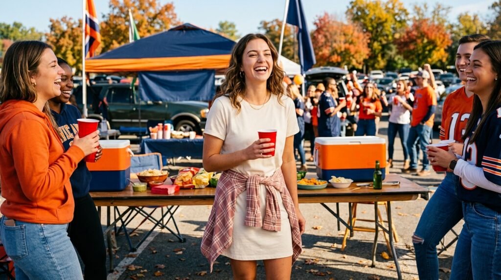 A woman at a tailgate wearing a cream t-shirt dress, pink flannel shirt tied at the waist, and brown boots.
