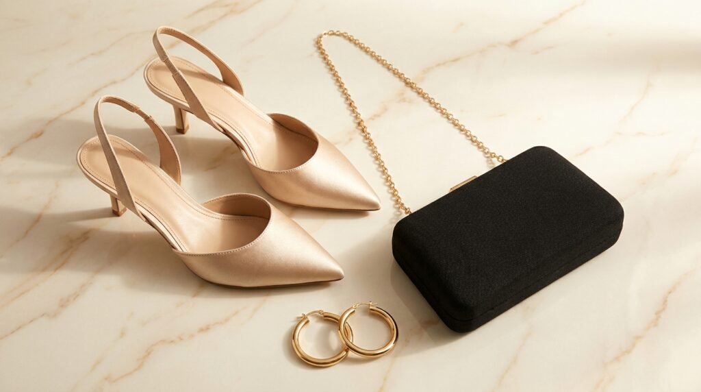 Satin slingback heels and accessories arranged neatly on an ivory marble surface.