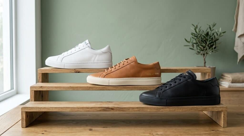 Three pairs of sneakers in white, tan, and black on wooden display shelf.