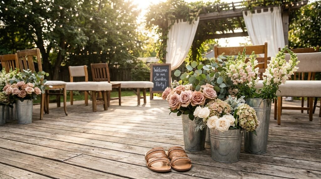 Tan leather embellished flat slides resting on a wooden deck during a sunlit daytime wedding.