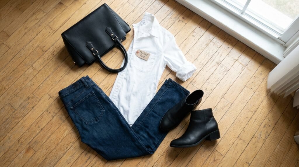 Flat lay photograph of dark straight-leg jeans, black ankle boots, a white shirt, and a handbag on a wooden floor.
