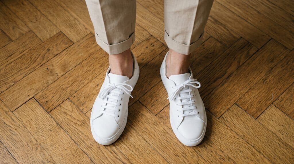White sneakers paired with beige trousers on wooden floor.