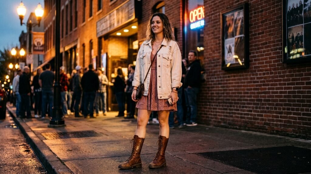 A woman standing outdoors wearing a pink lace mini dress, cream denim jacket, and tall lace-up combat boots.