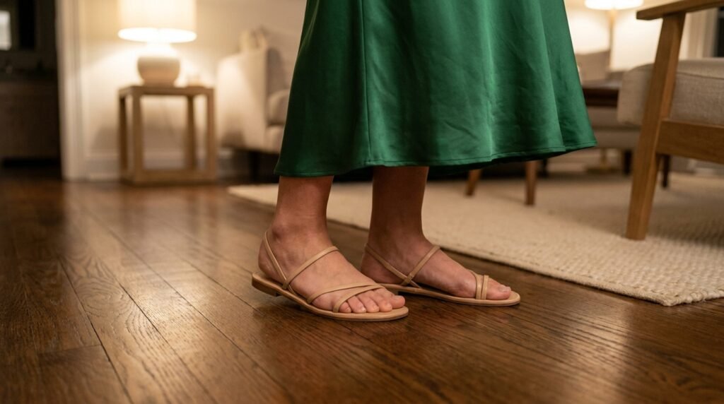 A woman wearing minimalist nude strappy sandals and a silk green dress hem on a wooden floor.