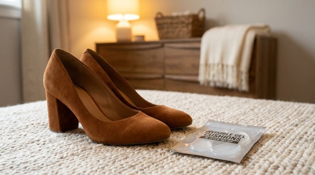 A pair of event heels displayed near a package of gel blister cushions on a bedroom rug.