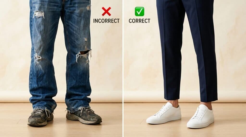 Visual comparison of poorly styled athletic shoes versus properly tailored work sneakers.
