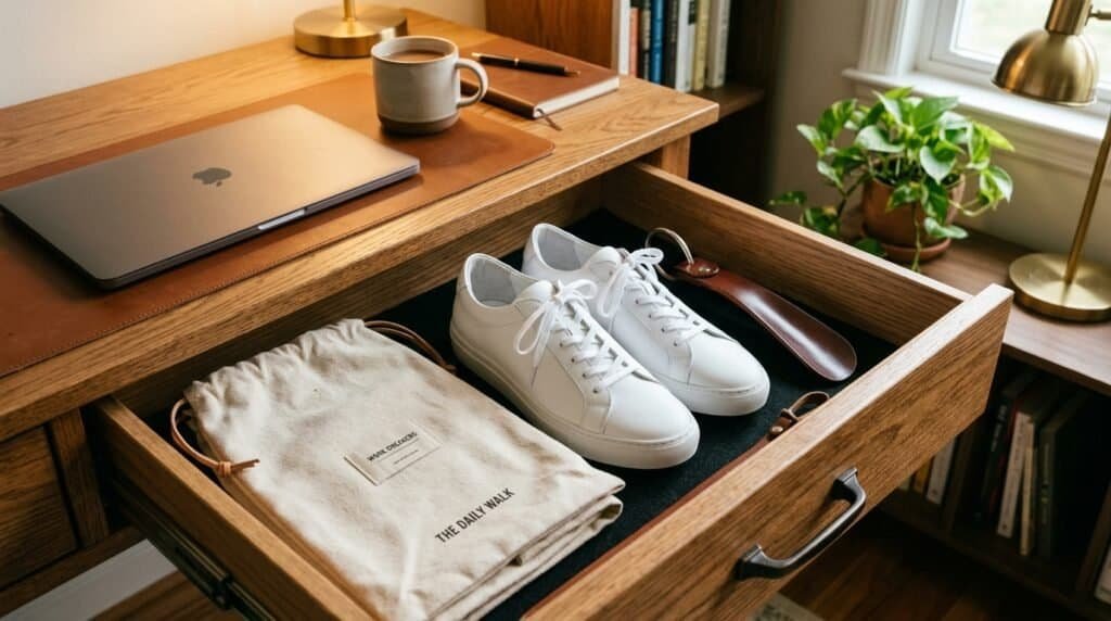 White sneakers and accessories in a desk drawer for professional casual look.