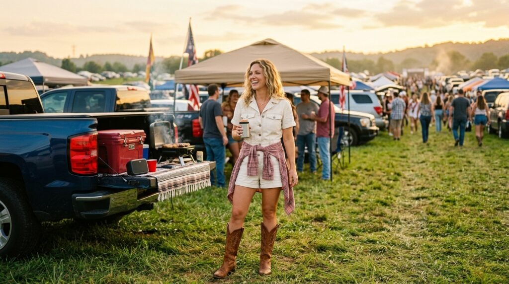 A woman in a grassy area wearing an ivory denim romper, tall brown cowgirl boots, and a dusty rose flannel tied around her waist.