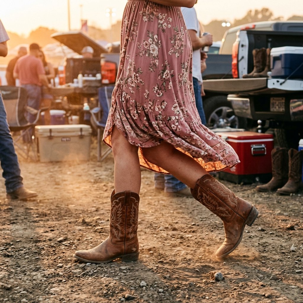 A person wearing denim shorts and brown suede ankle boots resting their feet on an outdoor cooler.