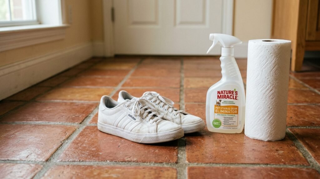 A pair of white sneakers on a tiled floor next to a spray bottle of pet cleaner and paper towels