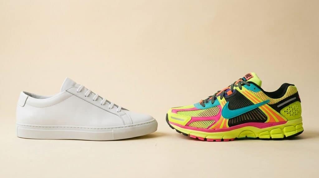 Simple white sneakers suitable for professional settings and casual wear.