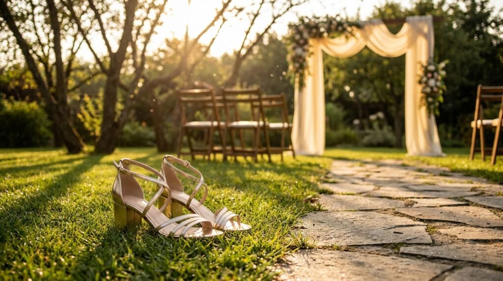 Metallic gold block heels sitting on green grass next to a stone path in an outdoor garden setting.