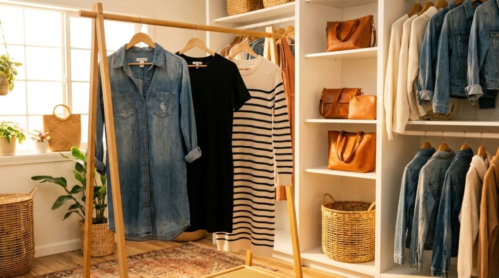 A rack of casual dresses hanging neatly inside a well-lit closet.
