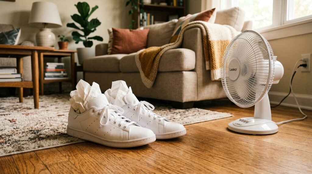 Clean white sneakers stuffed with paper towels sitting on a floor in front of a small fan