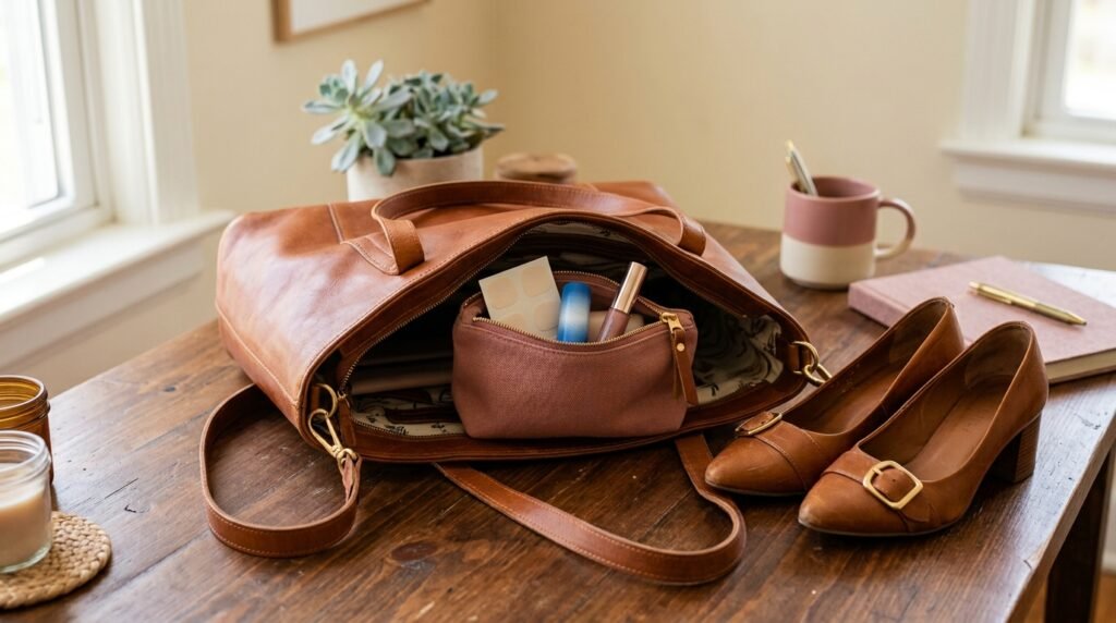 An open leather tote bag showing a small pouch with moleskin patches next to cognac leather heels.