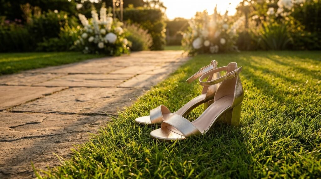Metallic gold block heels sitting on green grass next to a stone path in an outdoor garden setting.