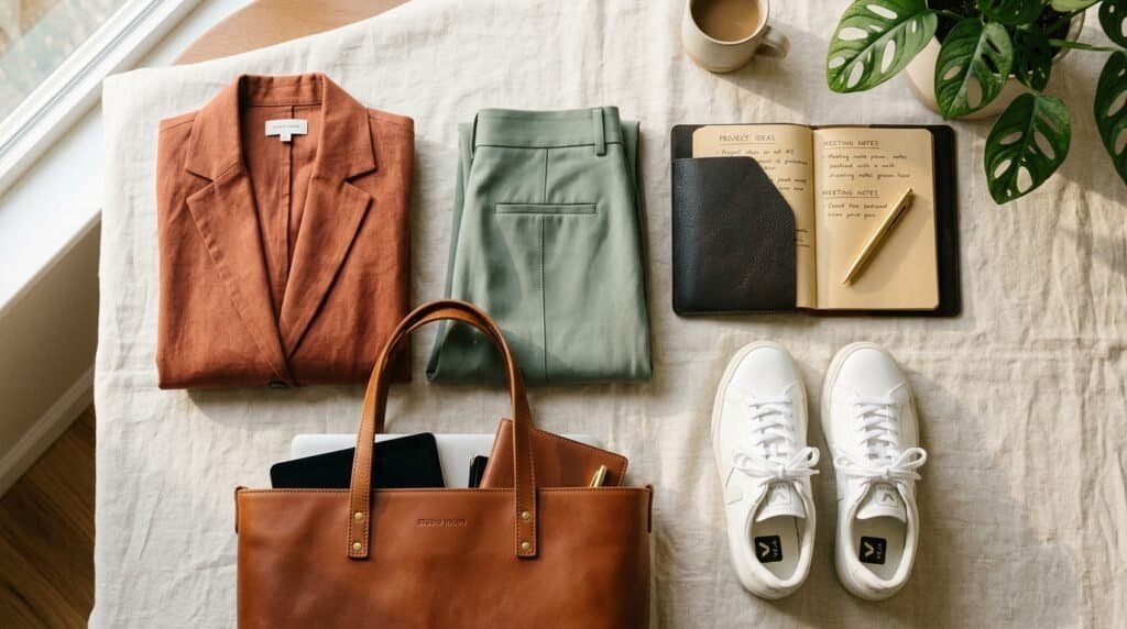Flat-lay arrangement of a blazer, tailored slacks, leather tote, and white minimalist sneakers on linen.