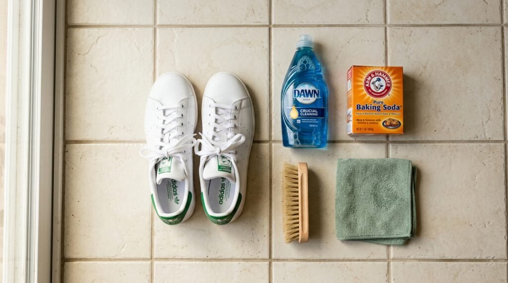 A flat lay of clean white sneakers arranged with dish soap, baking soda, a cleaning brush, and a green microfiber towel.