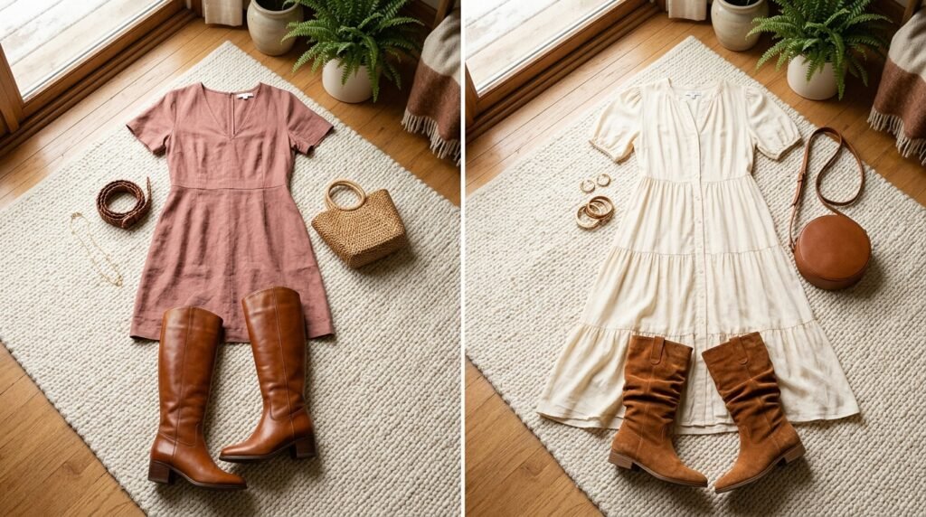 Two outfit layouts on a rug, one featuring a mini dress with riding boots and another featuring a midi dress covering slouchy boots.