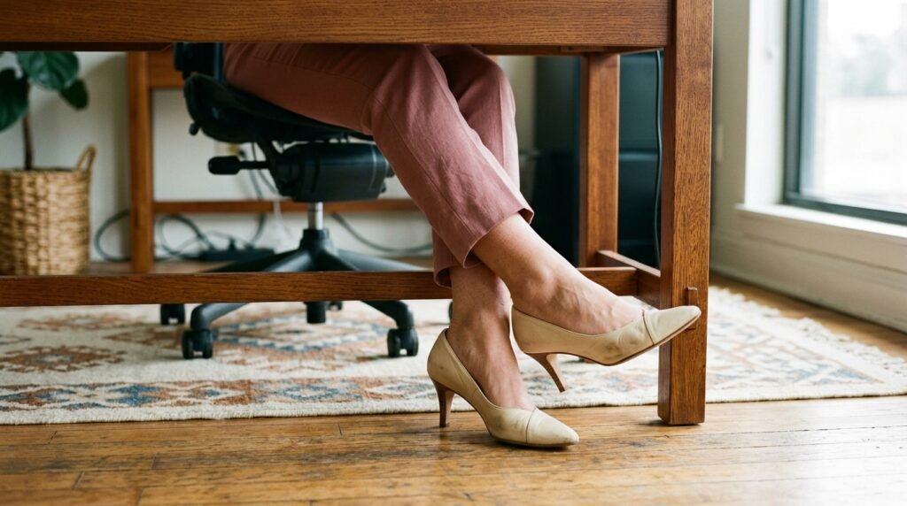 Close up of warm ivory leather kitten heels worn with dusty rose tailored trousers resting beneath an office desk.
