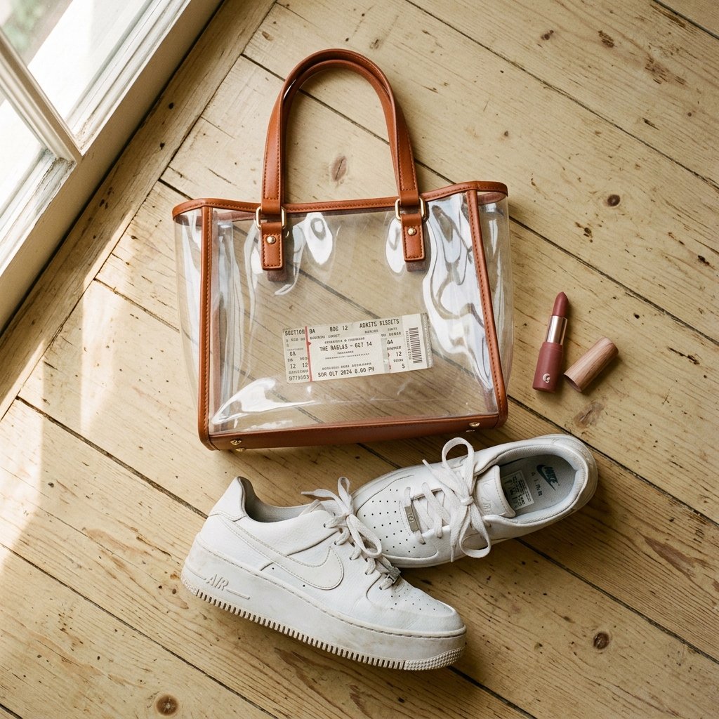 A flat lay style photo showing a clear plastic bag, lipstick, a ticket, and white platform sneakers on a light wooden floor.