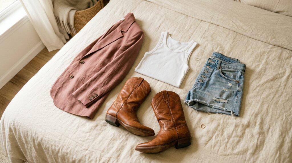 A flat lay outfit on a bed featuring brown cowgirl boots, a dusty rose blazer, a white tank top, and denim shorts.